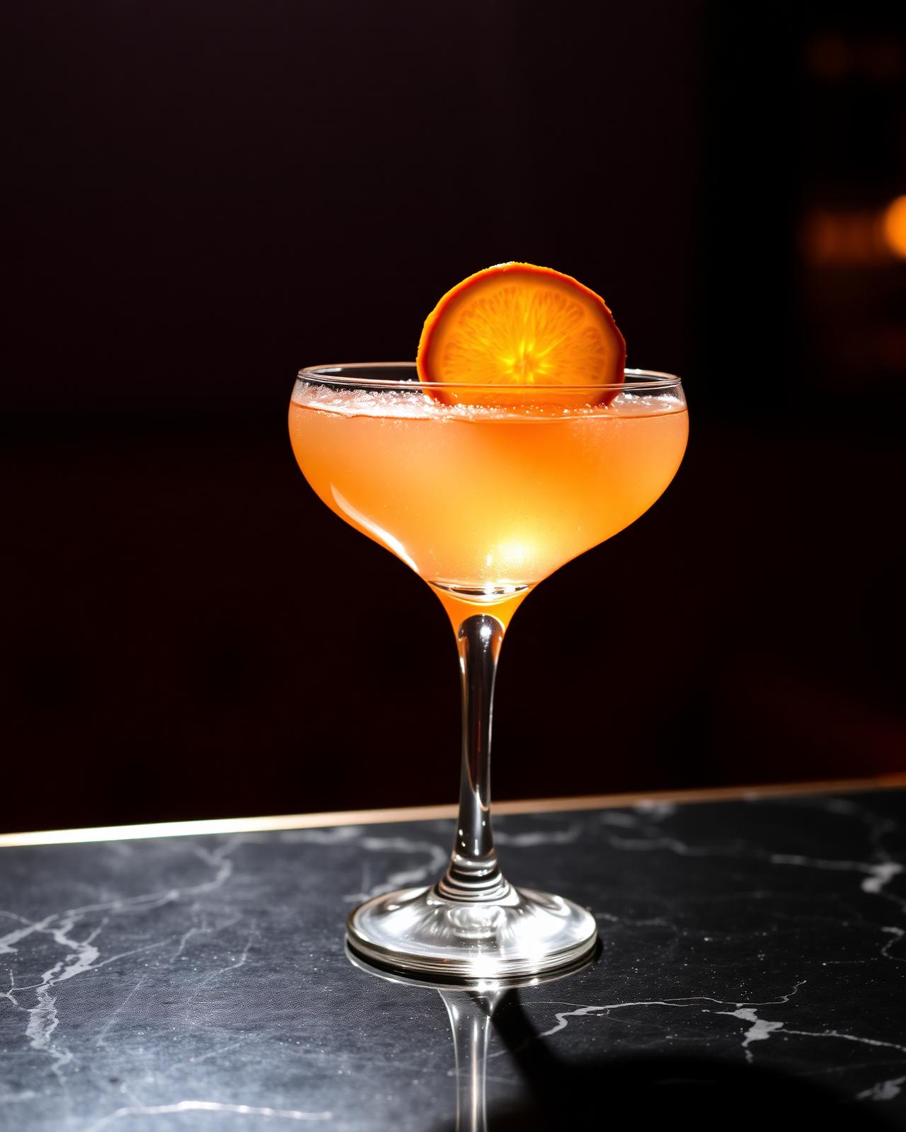 Signature Mocktail im Coupe-Glas mit Orange auf Marmorbar