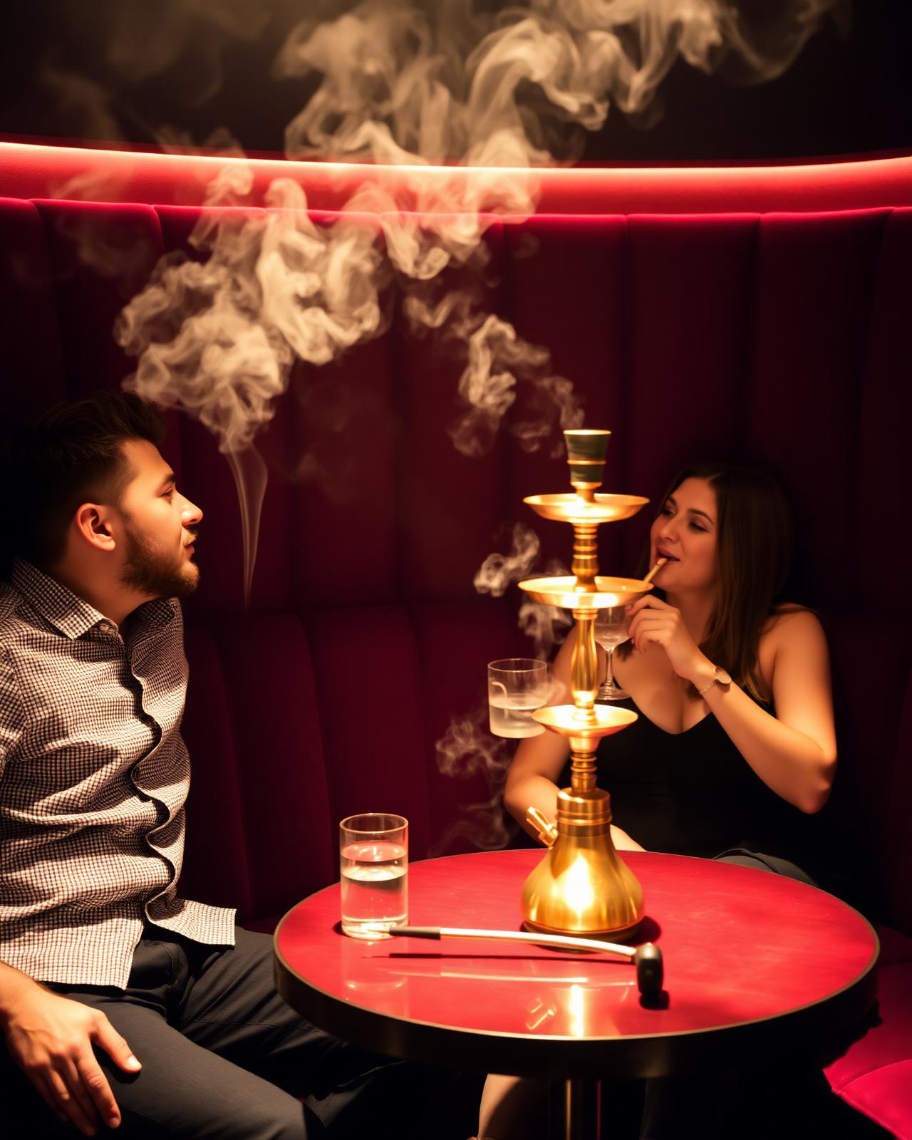 Gäste genießen Shisha in Booth mit Rauchschwaden